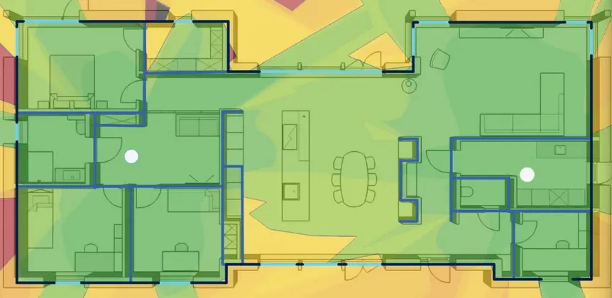 Wi-Fi coverage heatmap over a house floor plan, showing strong signal throughout