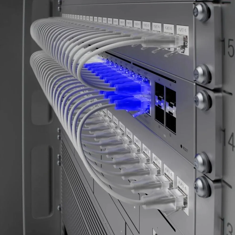 A switch and patch panel in a rack, every port connected with neatly looped leads, tinted blue